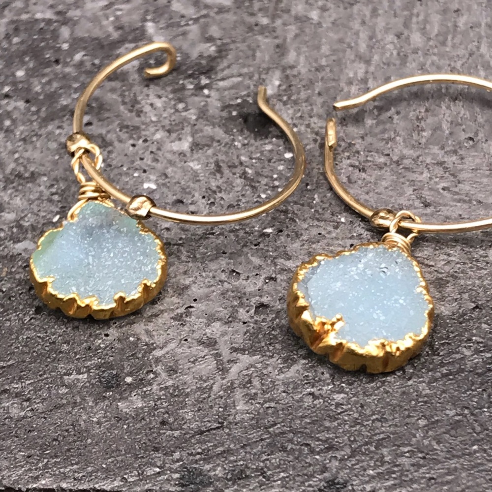 Blue gray Druzy with 14 k gold fill hoops - Picture 4 of 6